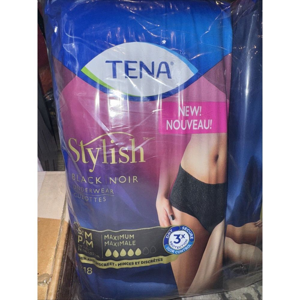 Tena Stylish Black‎ Incontinence Pad Underwear for Women, Maximum S/M, 18 Ct